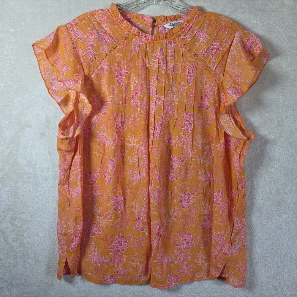 Nanette Lepore L Floral Flutter Cap Sleeve Blouse Pink Orange Pintuck Ruffle
